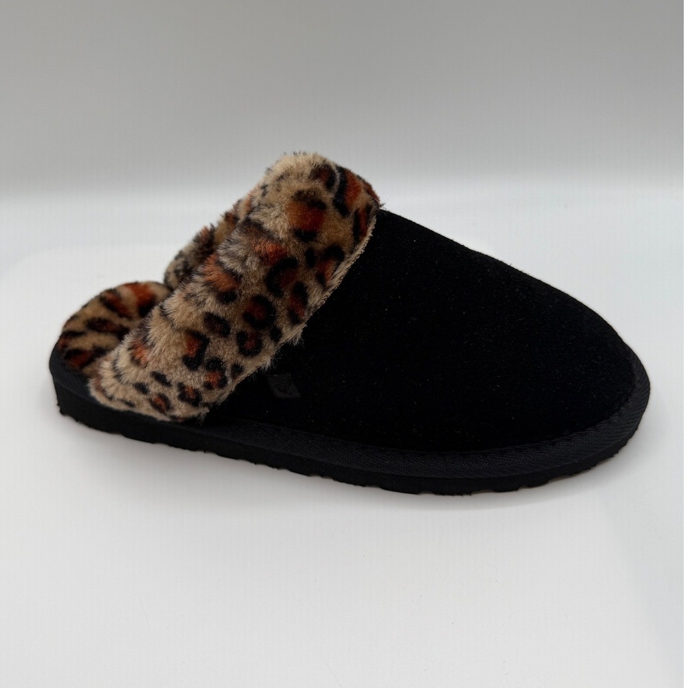Sperry Scuff Slipper Women Black Suede Leopard Faux Fur SPW13874-007 Size 5M